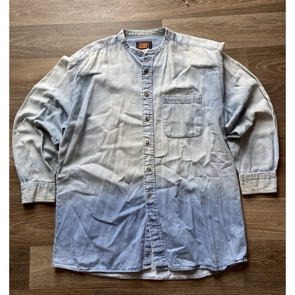 Vintage Faded Glory Mens Denim‎ Shirt Band Collar Long Sleeve Ombre Distressed